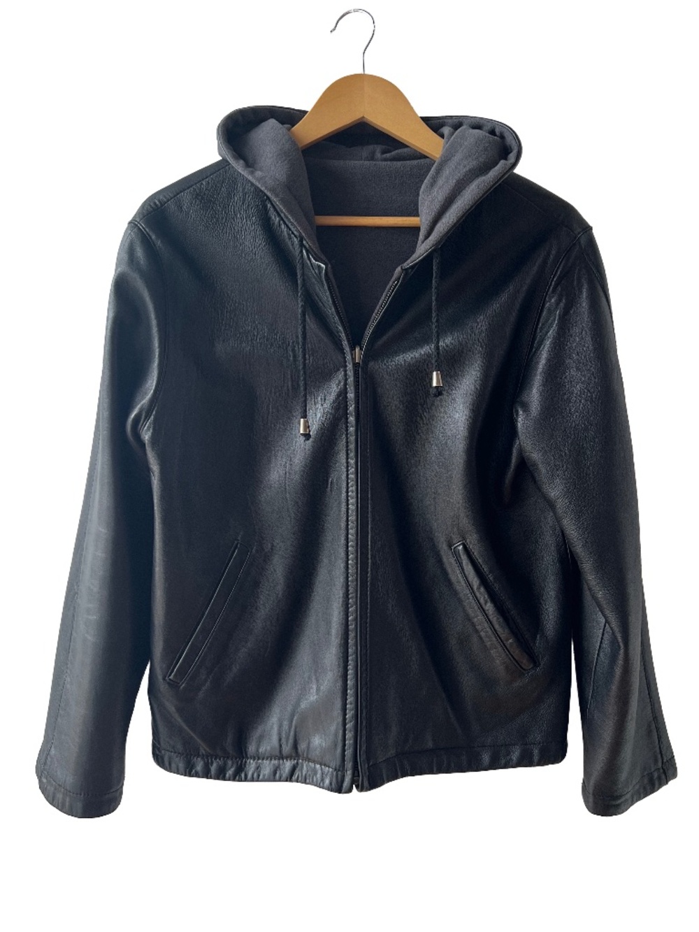 Vintage Luis Alvear Barcelona Black Leather Reversible Jacket, Zip Front, Hood